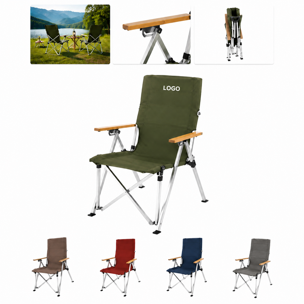 Adjustable 3-Position Reclining Outdoor Folding Chair with Wooden Armrests