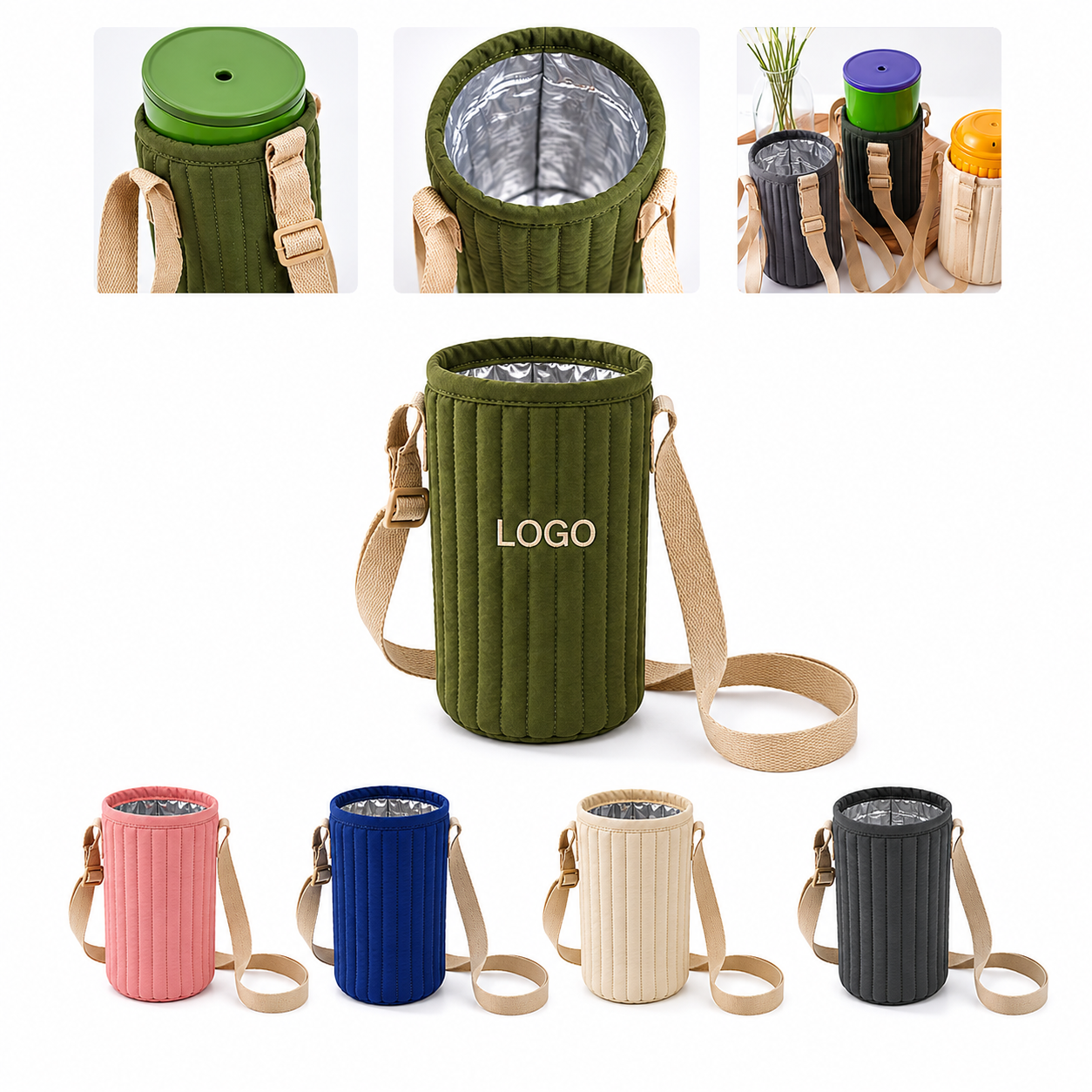 Insulated Quilted Cotton Beverage Carrier with Adjustable Crossbody Strap