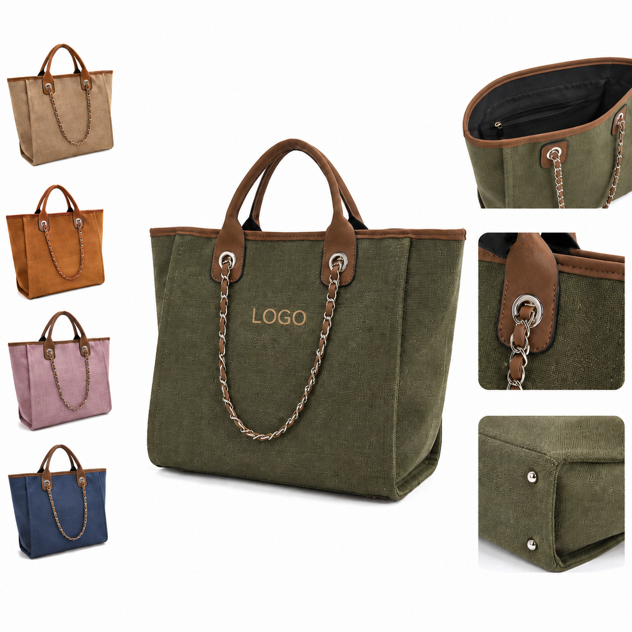 Dual-Texture Canvas Shopper Tote with Metallic Chain Accents