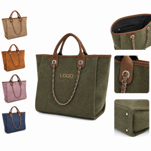 Dual-Texture Canvas Shopper Tote with Metallic Chain Accents
